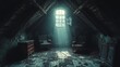 © Thaweechai - A creepy haunted attic with old, dusty furniture, cobwebs hanging from the ceiling, and an eerie light filtering through a small window