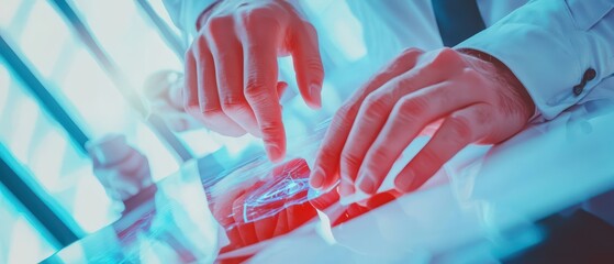 Poster - Close-up view of hands interacting with futuristic technology on a touch screen interface in a professional setting.