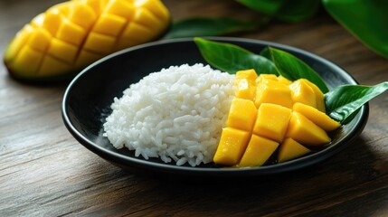 Wall Mural - A black plate of sticky rice, yellow mango slices, and coconut milk, placed on a wooden table with a mango leaf garnish.