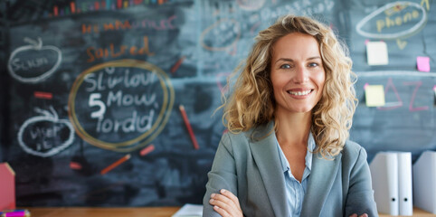 Poster - A cheerful teacher stands confidently in her classroom, surrounded by colorful student projects and learning tools