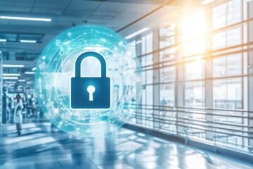 Poster - Digital security concept showing a locked padlock, symbolizing data protection and privacy in a modern office environment.