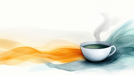 Canvas Print - A cup of coffee is steaming on a colorful background, AI