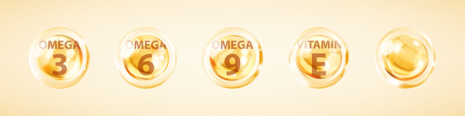 Golden bubbles of Omega acids. Omega-3, Omega-6, Omega-9. Natural fish oil, organic vitamin, nutrients. Vitamin drop, tablets or capsules. Vector illustration