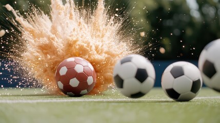 Wall Mural - Dynamic soccer scene featuring a red ball exploding in motion, surrounded by classic balls on vibrant green turf.