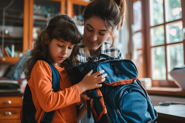 A mother helping her child pack a backpack for the first day of school. spring, motherood moments, preparing for school