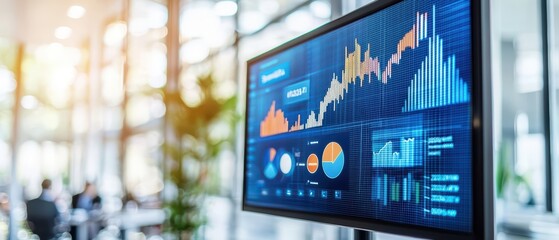 Poster - Modern data visualization on a screen showcasing financial analytics in an office environment with charts and graphs.