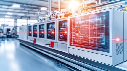 Poster - Modern industrial control panel displaying data in a high-tech manufacturing facility with vibrant lighting and advanced technology.