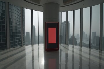 Poster - Modern interior showcasing a bright digital display against a panoramic city view in a sleek urban environment.