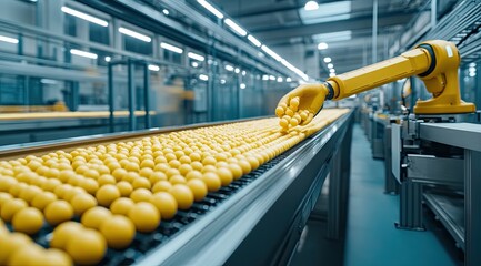 Wall Mural - A yellow robotic arm picks up electronic components and places them on a production line table in a bustling factory environment