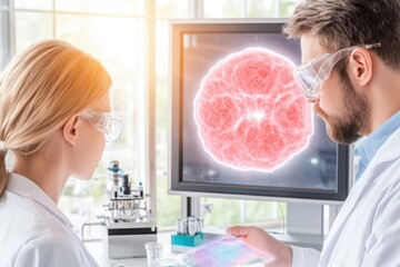 Poster - researchers analyze scientific data with advanced technology in a modern laboratory setting, focusin