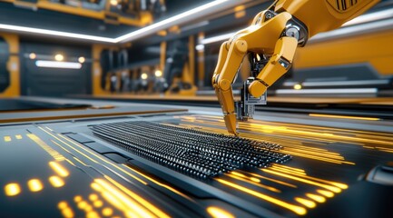 Poster - A yellow robotic arm picks up electronic components and places them on a production line table in a bustling factory environment