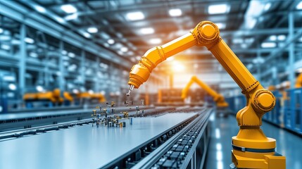 Poster - A yellow robotic arm picks up electronic components and places them on a production line table in a bustling factory environment