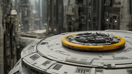 Poster - A yellow robotic arm picks up electronic components and places them on a production line table in a bustling factory environment