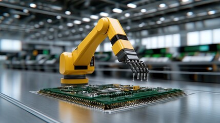 Wall Mural - A yellow robotic arm picks up electronic components and places them on a production line table in a bustling factory environment