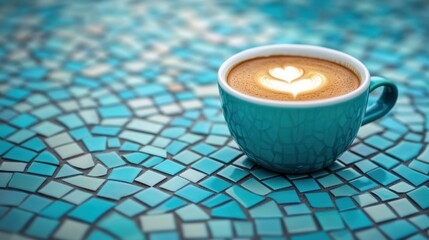 Canvas Print - A cup of coffee with a heart in it on blue tile, AI