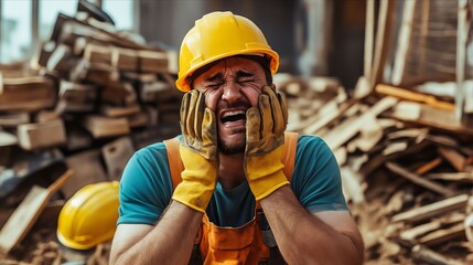 Canvas Print - A construction worker with his hands on his face in front of a pile of rubble