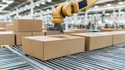 Poster - A yellow robotic arm picks up electronic components and places them on a production line table in a bustling factory environment