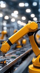 Poster - A yellow robotic arm picks up electronic components and places them on a production line table in a bustling factory environment