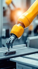 Poster - A yellow robotic arm picks up electronic components and places them on a production line table in a bustling factory environment