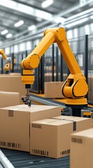 Poster - A yellow robotic arm picks up electronic components and places them on a production line table in a bustling factory environment