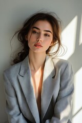 Canvas Print - A woman in a gray suit sitting on a window sill