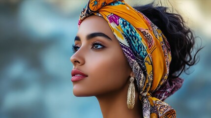 Poster - A woman wearing a colorful headscarf and earrings