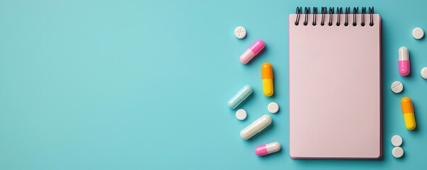 Close-up of a notepad surrounded by colorful capsules on a blue background, ideal for health or medication themes.