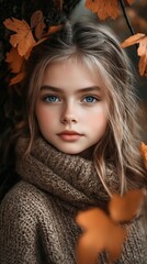 Sticker - A young girl with blue eyes wearing a brown sweater and scarf