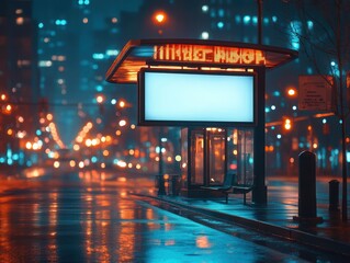 Poster - sleek digital billboard in urban night scene illuminated bus stop empty white screen reflecting city lights modern advertising mockup