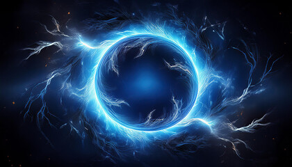 Wall Mural - abstract blue lightning circle on dark backdrop. mysterious shape.