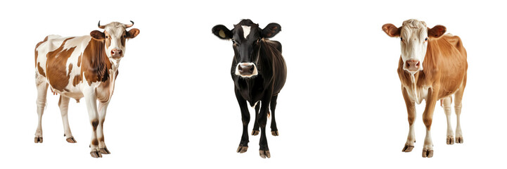 Set of different color cow isolated on a transparent background