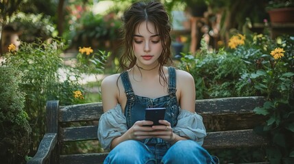 A young woman sits in a garden, engaged with her smartphone. Lush greenery and vibrant flowers create a serene outdoor atmosphere.