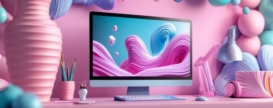 Modern computer on a pastel-themed desk with creative 3D artwork on the screen, surrounded by colorful decor and office supplies.