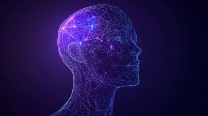 Poster - An artificial intelligence in humanoid head vector in wireframe low poly style. AI with Digital Brain, big data, analysis information. Face of cyber mind. Modern technology background concept
