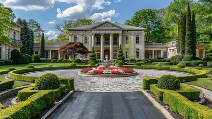 Poster - Generate a photo of a luxurious mansion exterior featuring grand columns, a circular driveway, and meticulously manicured gardens, highlighting opulence and sophistication.