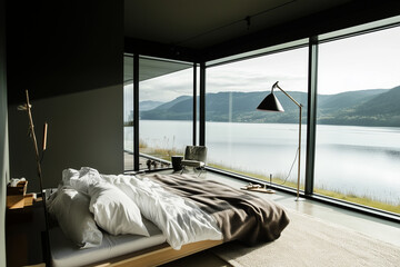 Luxury minimalist bed room, two floor high ceiling. Fjord view outside the window. Spacious cozy bed.