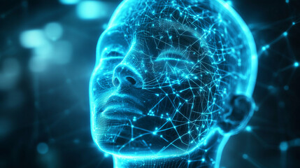 Poster - Artificial intelligence in a humanoid head with a neural network, processing and analyzing big data. Features a digital brain learning and thinking. Represents a cyber mind with a technology backgroun