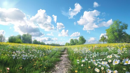 Poster - The road passes through spring meadows that are alive with blooming flowers and a clear blue sky. Capture the freshness of spring