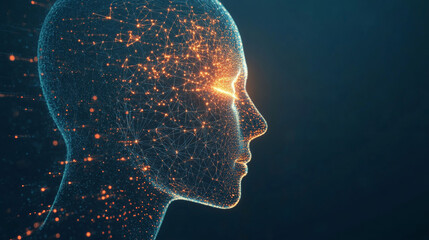 Poster - Artificial intelligence in a humanoid head with a neural network, processing and analyzing big data. Features a digital brain learning and thinking. Represents a cyber mind with a technology backgroun