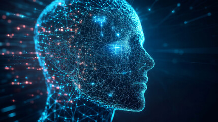 Poster - Artificial intelligence in a humanoid head with a neural network, processing and analyzing big data. Features a digital brain learning and thinking. Represents a cyber mind with a technology backgroun