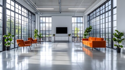 Wall Mural - modern bright office interior, open floor plan, glass partition walls, polished concrete floors, min