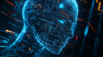 Poster - Artificial intelligence in a humanoid head with a neural network, processing and analyzing big data. Features a digital brain learning and thinking. Represents a cyber mind with a technology backgroun