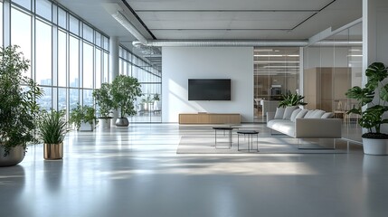 Wall Mural - modern bright office interior, open floor plan, glass partition walls, polished concrete floors, min