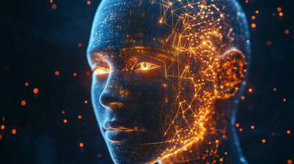 Poster - Artificial intelligence in a humanoid head with a neural network, processing and analyzing big data. Features a digital brain learning and thinking. Represents a cyber mind with a technology backgroun