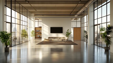 Wall Mural - modern bright office interior, open floor plan, glass partition walls, polished concrete floors, min