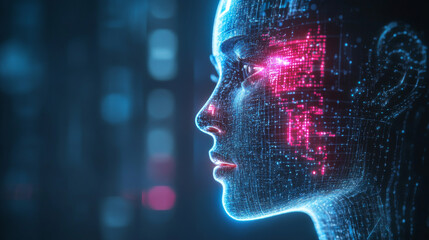 Poster - Artificial intelligence in a humanoid head with a neural network, processing and analyzing big data. Features a digital brain learning and thinking. Represents a cyber mind with a technology backgroun