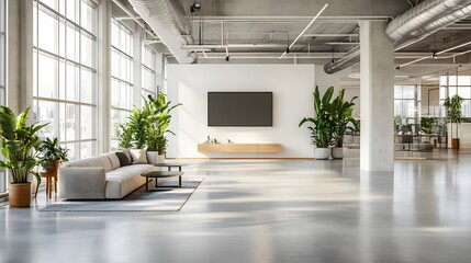 Wall Mural - Modern bright office interior, open floor plan, glass partition walls, polished concrete floors, minimalist furniture, large windows, natural light flooding in, sleek TV on white wall.