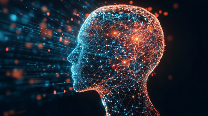 Poster - Artificial intelligence in a humanoid head with a neural network, processing and analyzing big data. Features a digital brain learning and thinking. Represents a cyber mind with a technology backgroun