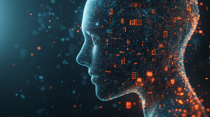 Poster - Artificial intelligence in a humanoid head with a neural network, processing and analyzing big data. Features a digital brain learning and thinking. Represents a cyber mind with a technology backgroun