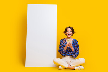 Sticker - Full body photo of amazed girl with smartphone near board for display projection cheap offer aliexpress isolated on yellow color background